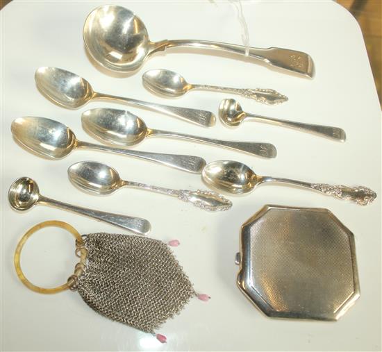 Silver compact and silver spoons